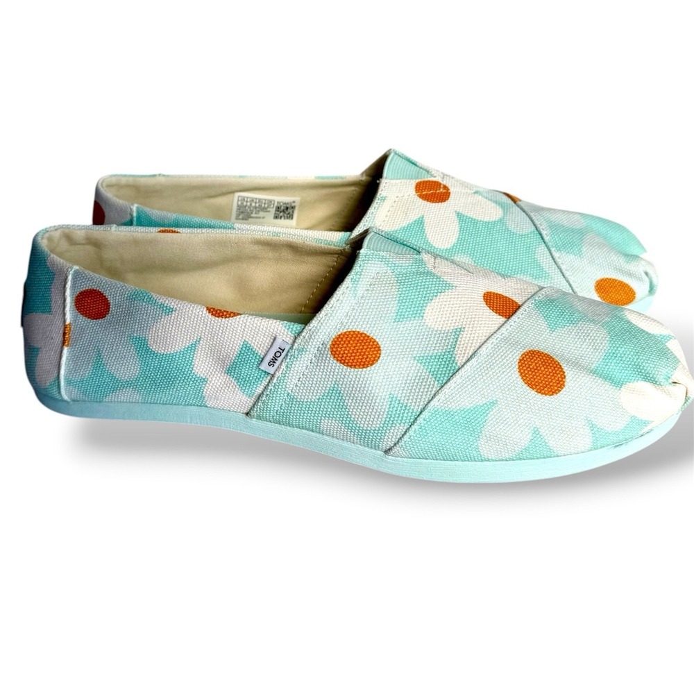TOMS Daisy Floral Slip On Shoes Women's Size 10 Blue White Canvas Comfort